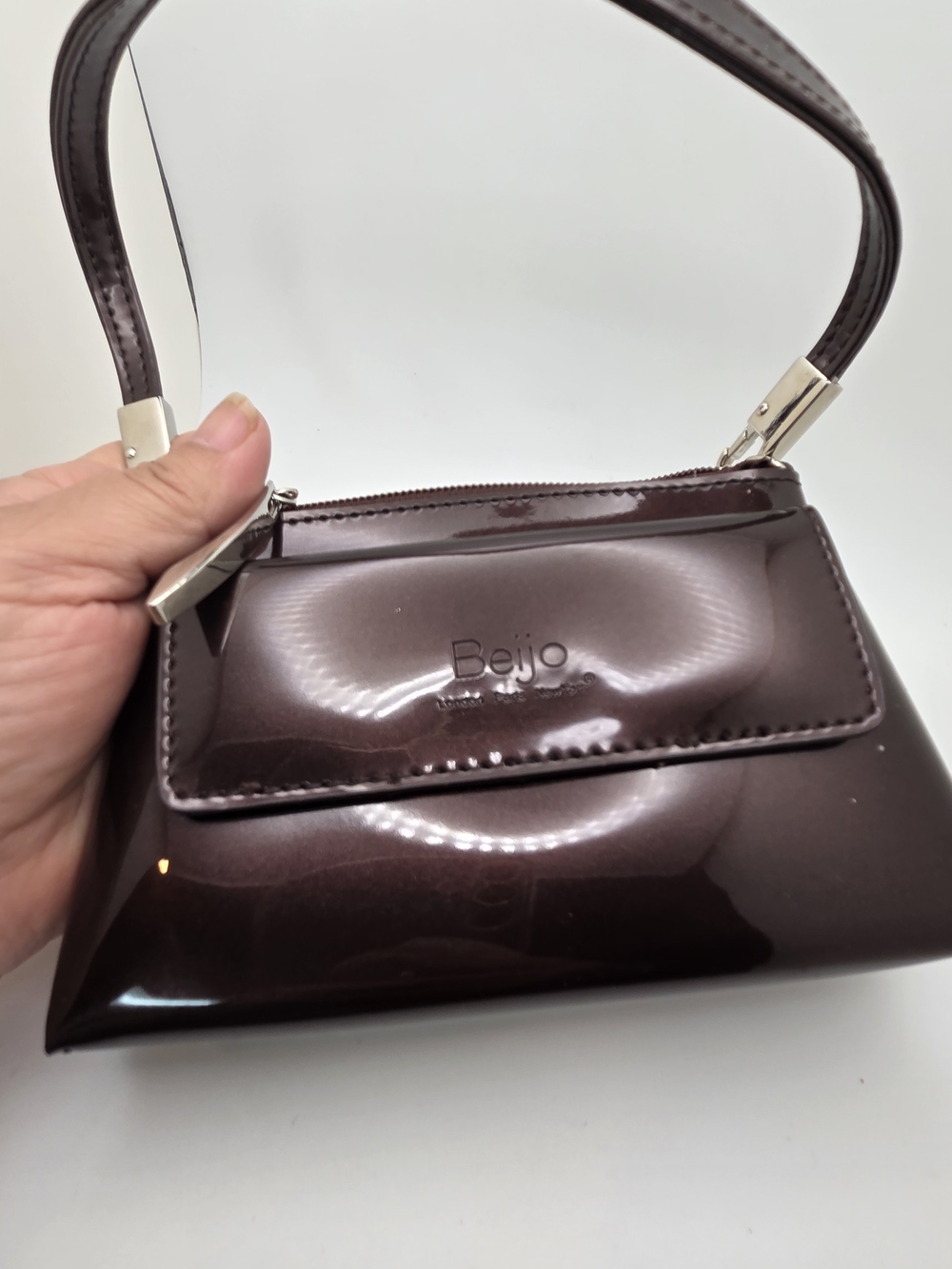 Vintage Y2K Mini Shoulder Bag Beijo High-Shine Metallic Espresso Patent Baguette